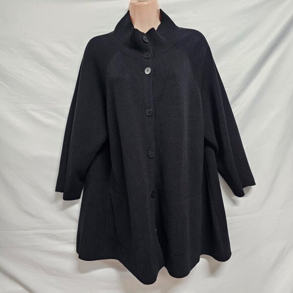 Eileen Fisher Button Up Mock Neck Kimono Jacket Women Size L Black Silk/Cotton - Picture 3 of 13